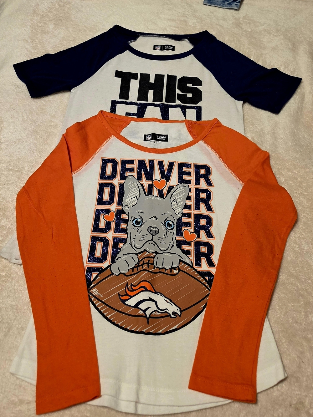 Justice Girls NFL' Orange & White Denver Puppy Raglan Tee/ Blue And White Tee